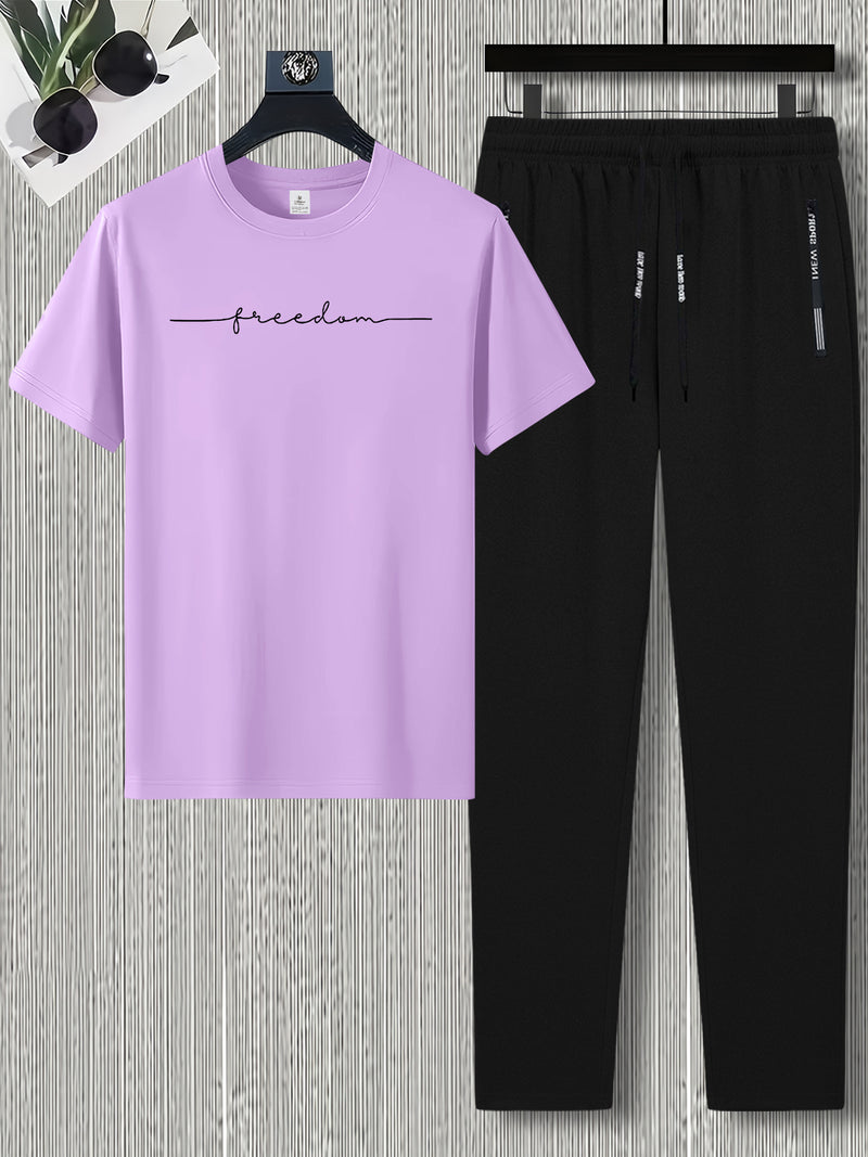 Men's Summer Design Short-Sleeve Set with Stylish Line Prints Paired.