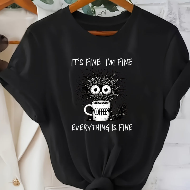 Women's Cat Print Round Neck Short Sleeve T-Shirt.