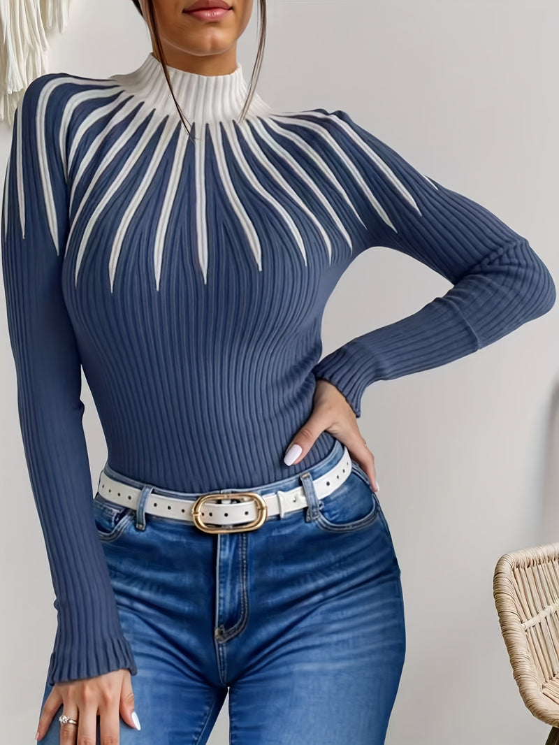 Women's Color Block Ribbed Elegant Long Sleeve Pullover.