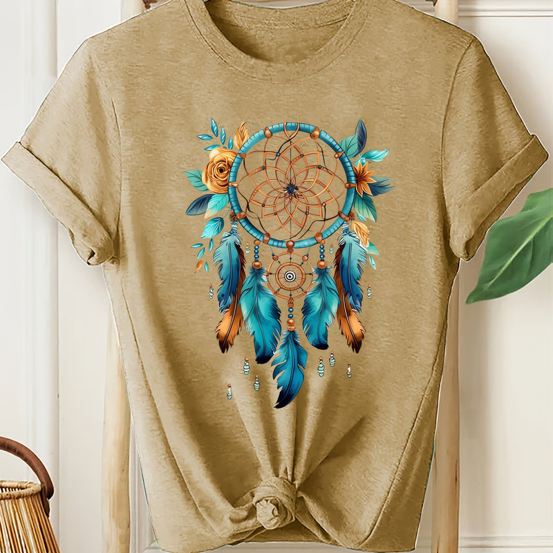 Women's Bohemian Dreamcatcher Floral Print T-Shirt.
