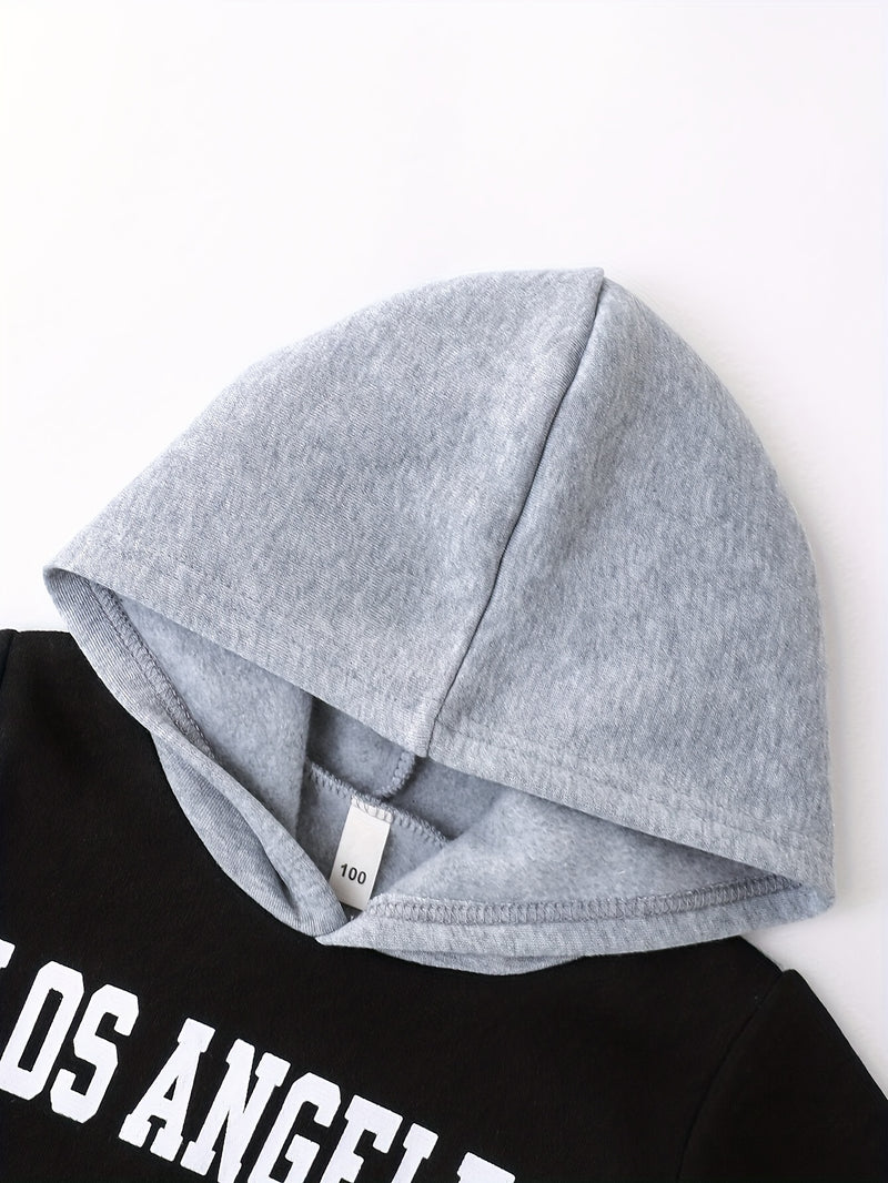 2pcs Boys Autumn/Winter Fleece-Lined Hooded Sweatshirt and Pants Set.