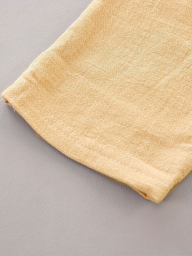 2pcs Boys' Casual Feather Shirt and Shorts Set Vibrant Yellow with Blue Accents.