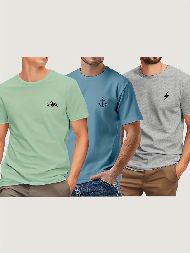 3pcs Men'S Short Sleeve Print T-Shirt.