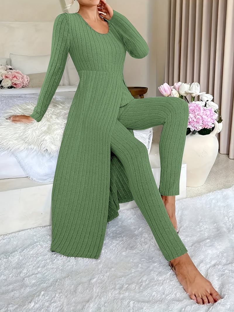 2pcs Women's Designer Round Neck Split Long Sleeve Top and Pants.