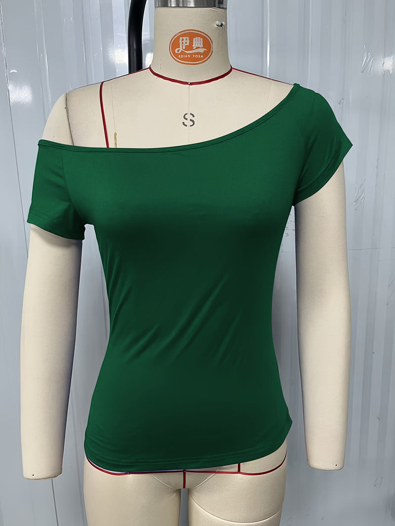 Women's Summer Casual Asymmetrical Off-Shoulder Solid Color T-Shirt.