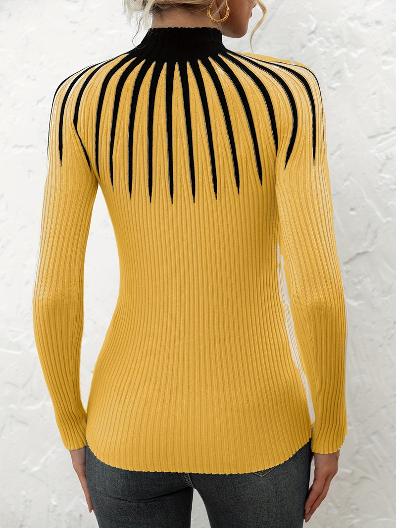 Women's Color Block Ribbed Elegant Long Sleeve Pullover.
