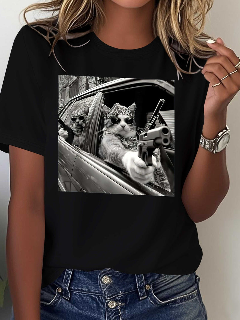 Women's Pure Gangster Cat Print T-Shirt.