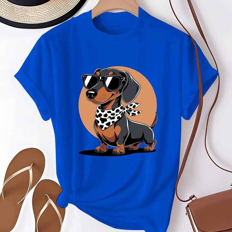 Women's T-Shirt Featuring a Cartoon Dachshund Wearing Glasses.