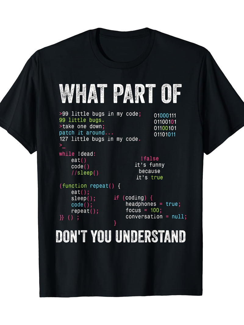 Men's Programming Humor T-Shirt with Code Snippets.