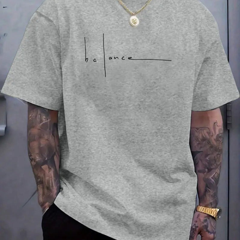 Men's Cotton T-Shirt with Balance Line Art & Minimalist Cursive Lettering.