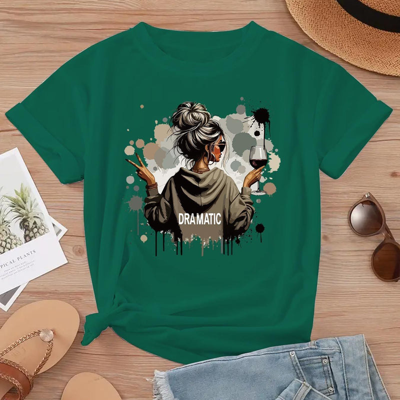 A Women's Stylish Printed Short-Sleeve T-Shirt with a Round Neck.