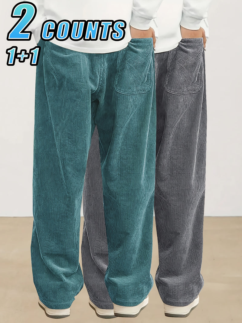 2pcs Set of Lightweight Breathable Corduroy Trousers for Men.