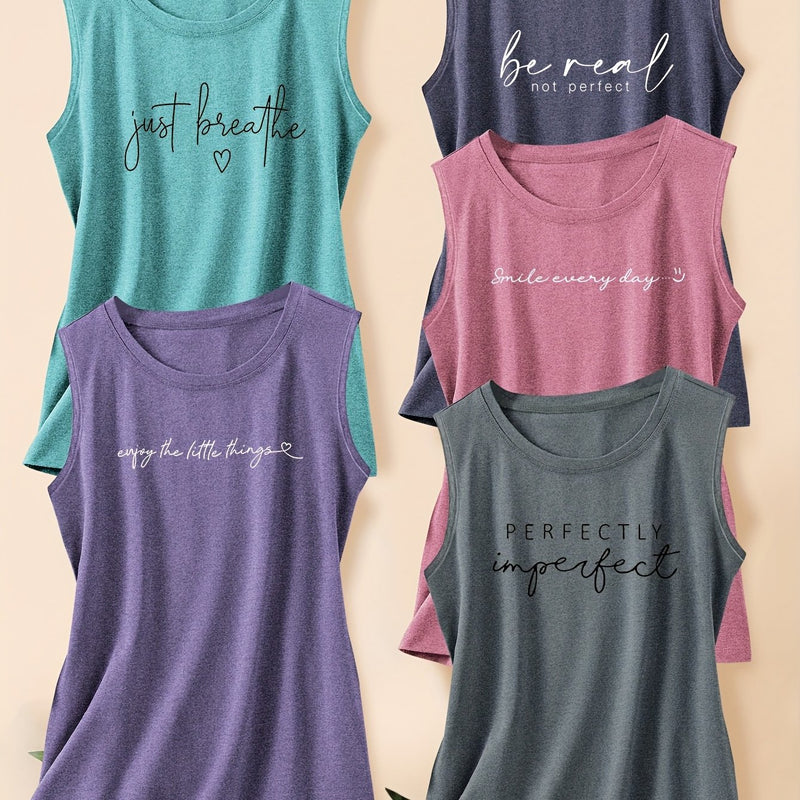 5pcs Women's Vest Tops with English Letter Print.