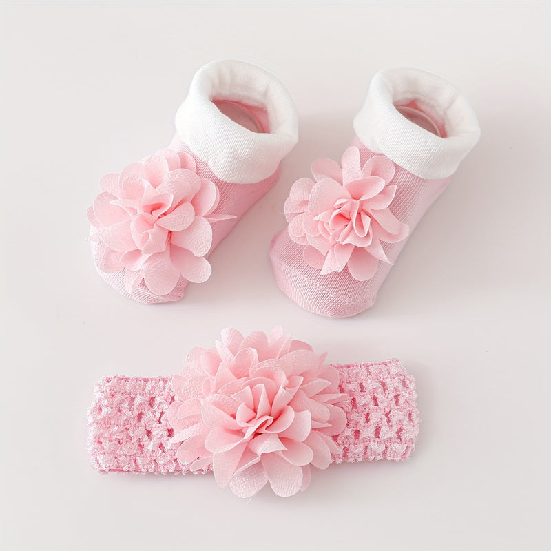 A Set of 1 Pair of Baby Flower Socks Along with a Baby Mesh Headband.