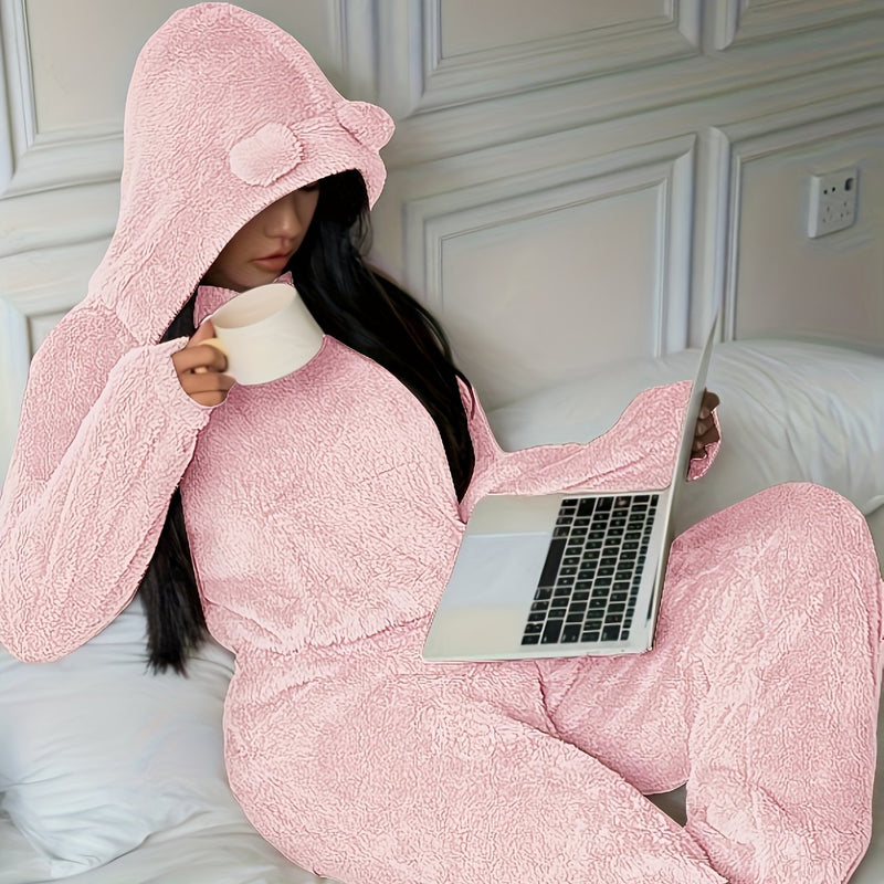 Women's Khaki Fluffy Casual Loose Double-Sided Fleece Set.