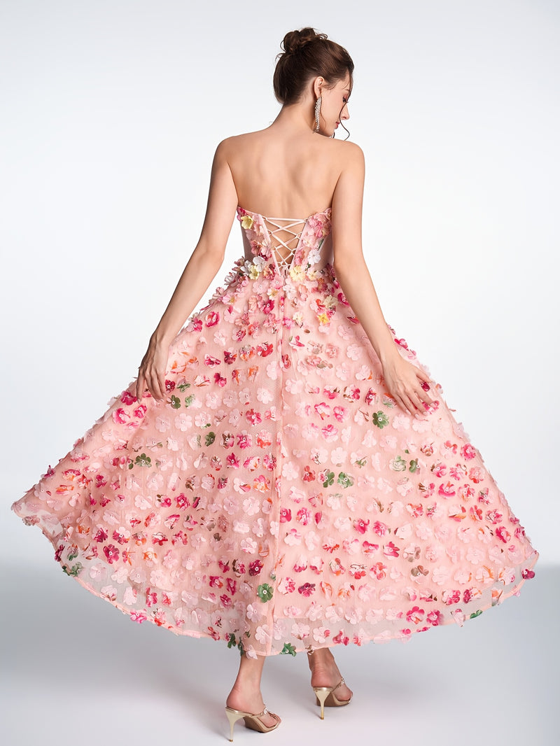 Women's Strapless 3D Floral Embellished Pink Tulle A-Line Midi Gown.