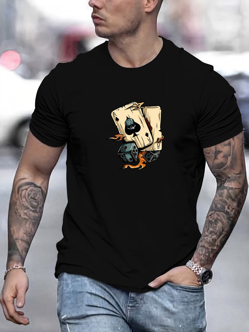 Men's Poker Card Pattern Summer Casual Crew Neck Short T-Shirt.