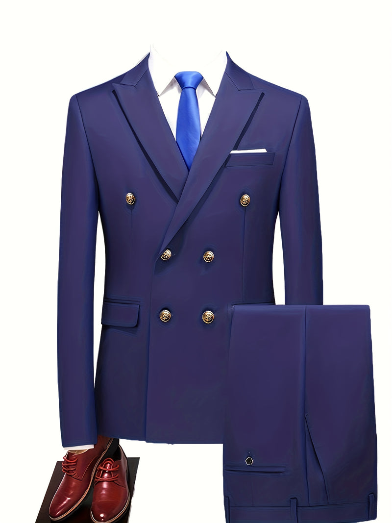 Men's 2pcs Suit, Double-Breasted Notch Lapel Solid Color Blazer and Pants Set.