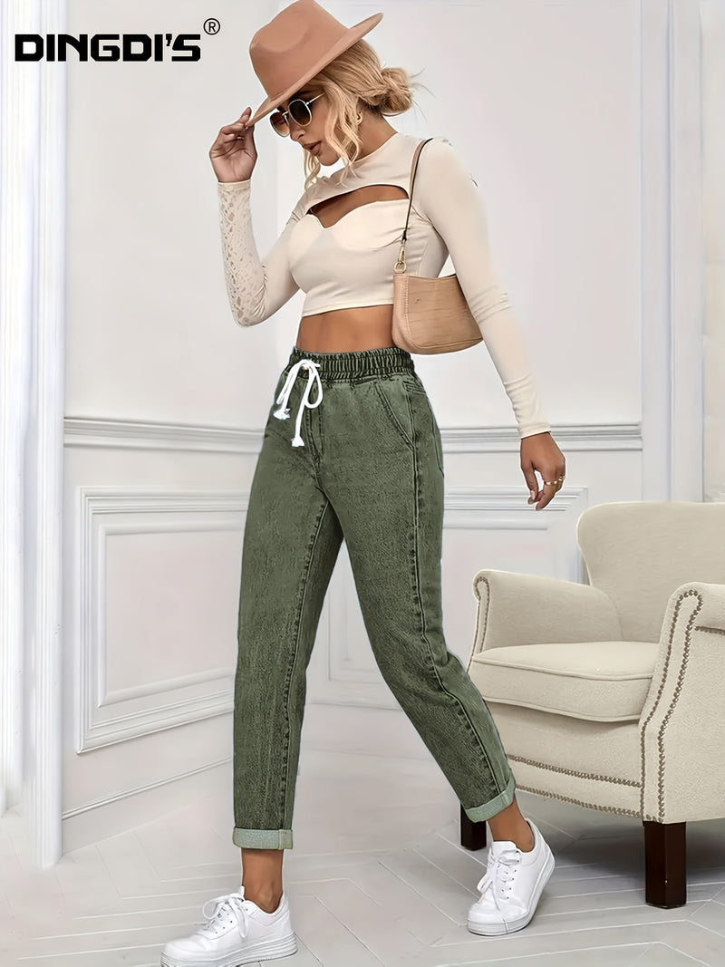 Women's stretch elastic waist drawstring slim fit jeans.