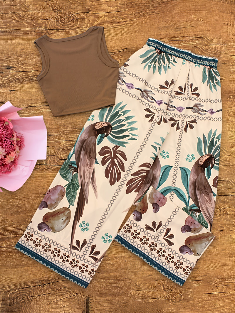 2pcs Women's Tropical Parrot Print Wide Leg Pants and Sleeveless Waistcoat.