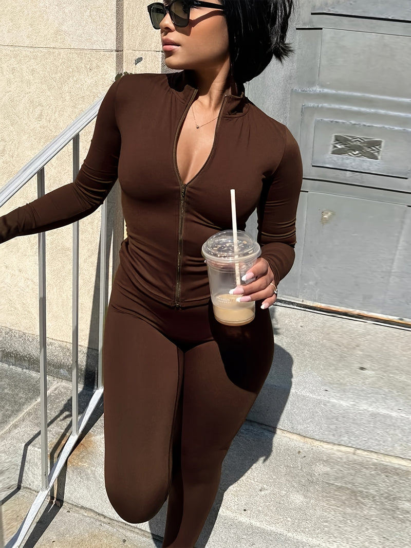 Women's Two-Piece Zippered Top Set, Ladies' Fashion Suit.