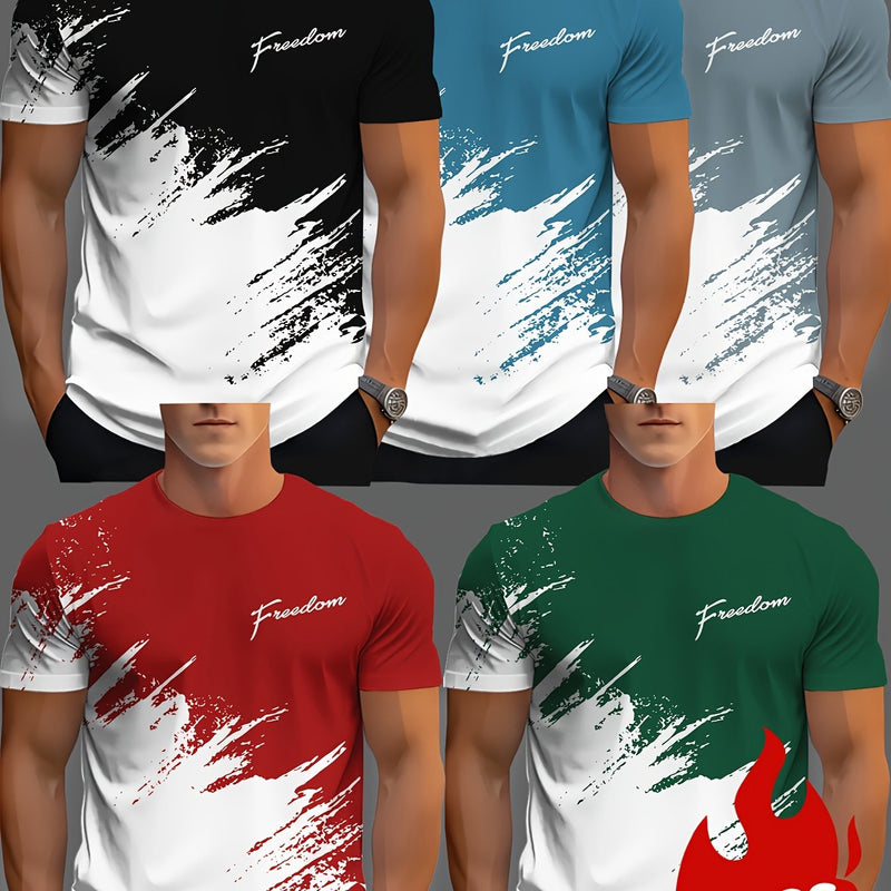 Men's 5pcs Letter Print Crew Neck Fashion Short Sleeve Sports T-Shirts.