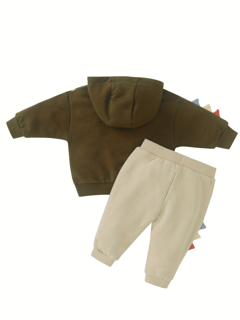 2pcs Baby Boy Set, Long-Sleeved Fleece Hooded Sweatshirt + Long-Sleeved.