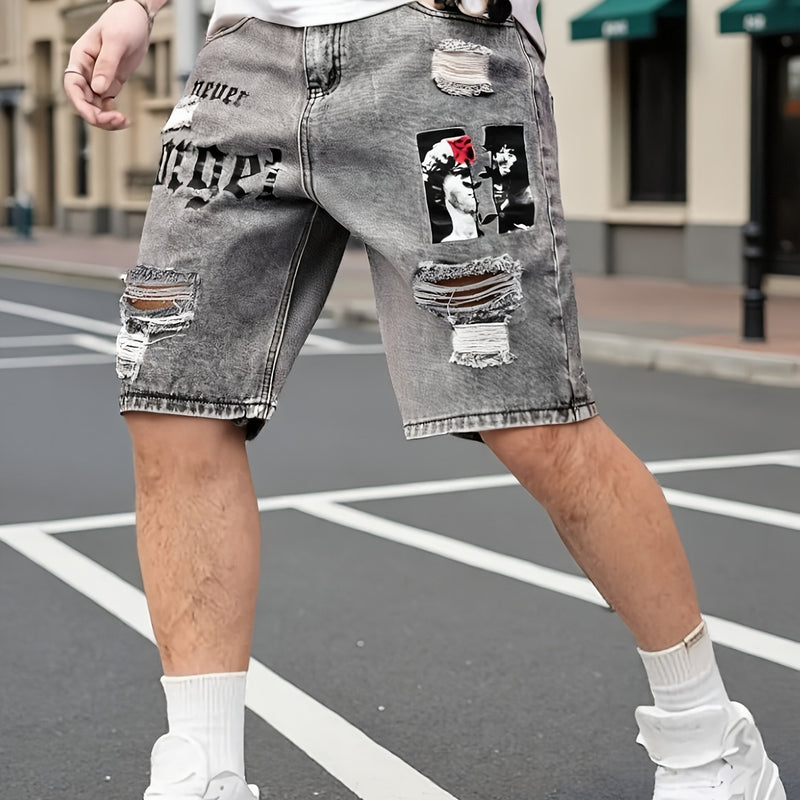 Men's Denim Shorts, Light Blue, Perforated Design, Printed, Loose Fit, Non Stretchy.