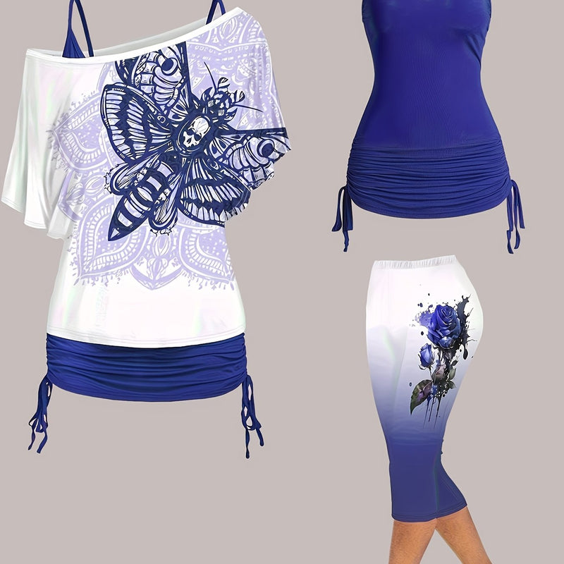 Women’s Off-Shoulder Top with Butterfly Print And Three-Quarter Pants.