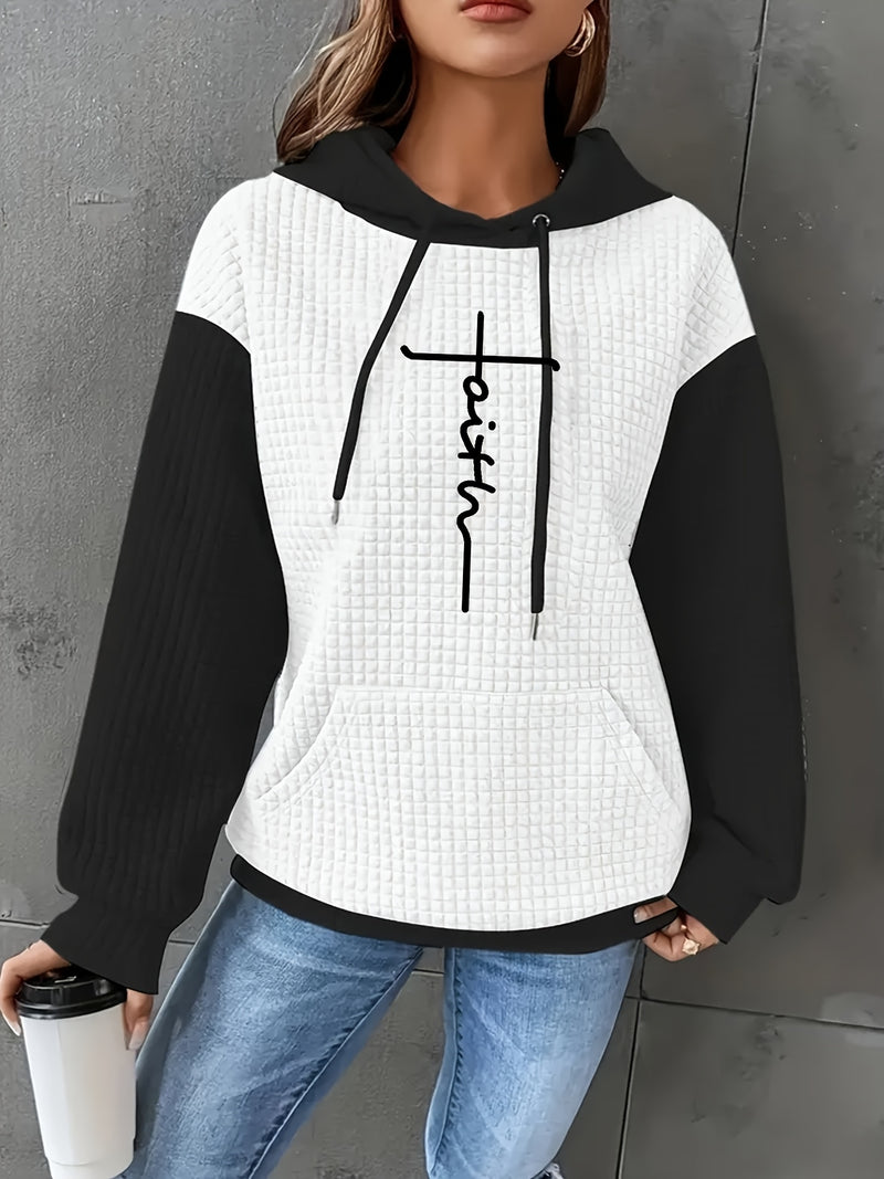 Women's Casual Oversized Hoodie with Checkered Texture & Letter Print.