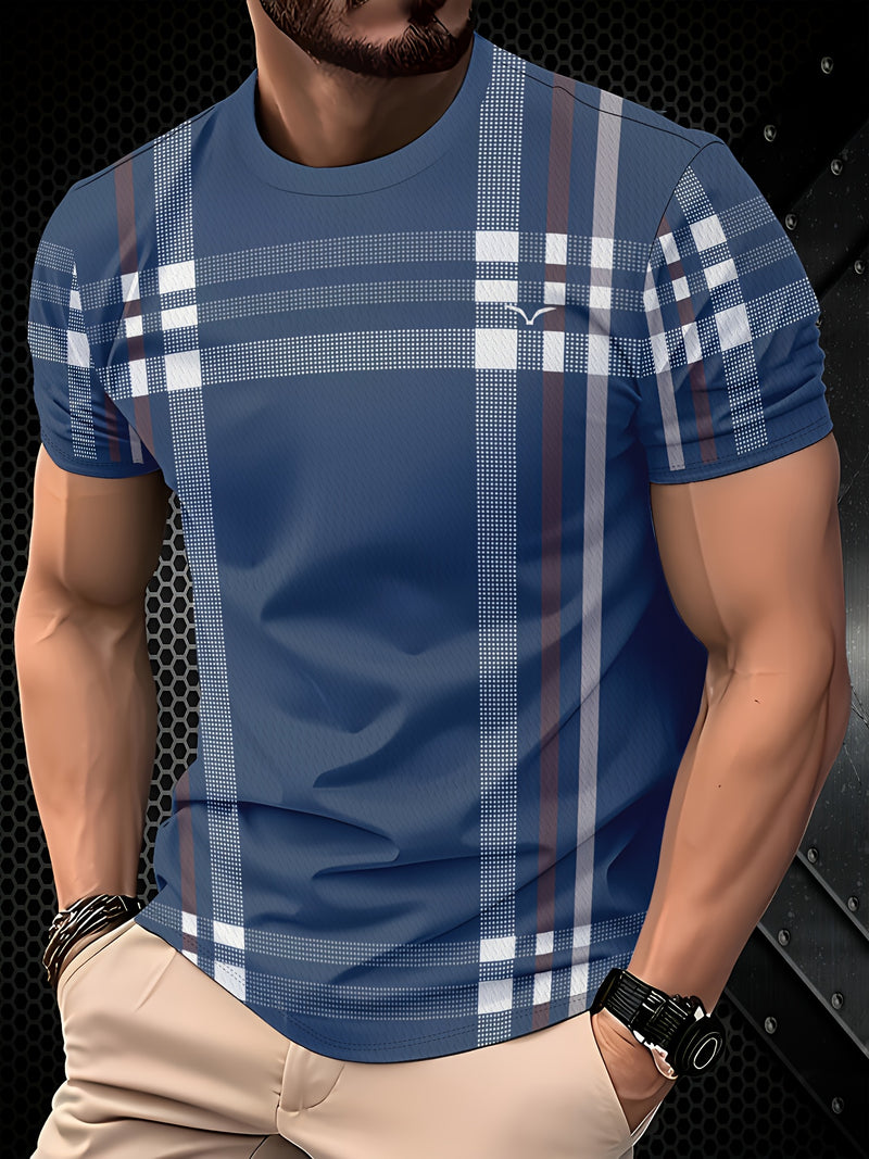 Men’s Navy Blue Plaid Fashion T-shirt.