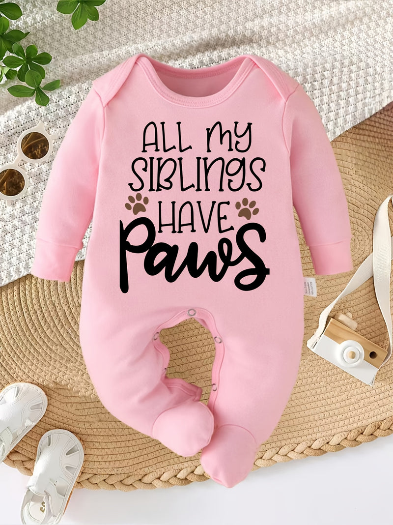 All My Siblings Have Paws Letter Print Newborn Romper Footed Bodysuit for Babies.