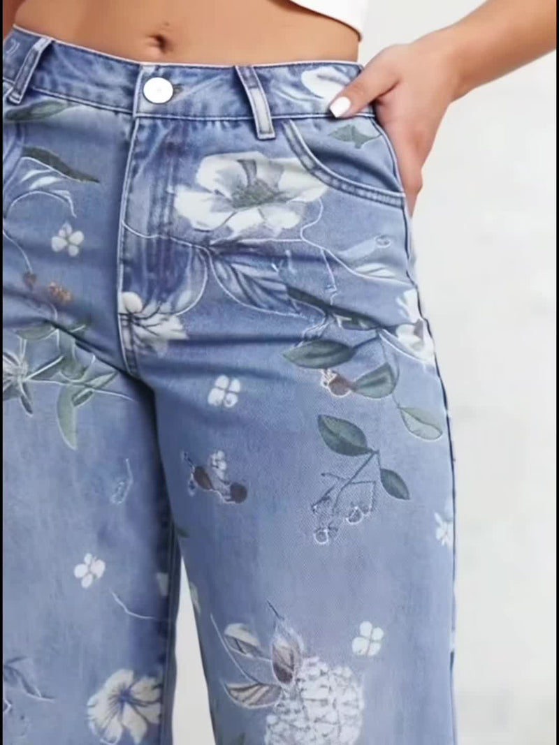 Vintage Floral Print Wide-leg Jeans for Women.