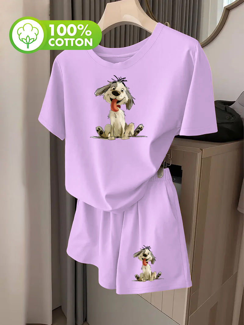 Women's Fashion Cartoon Puppy Print Short Sleeve T-Shirt and Shorts.