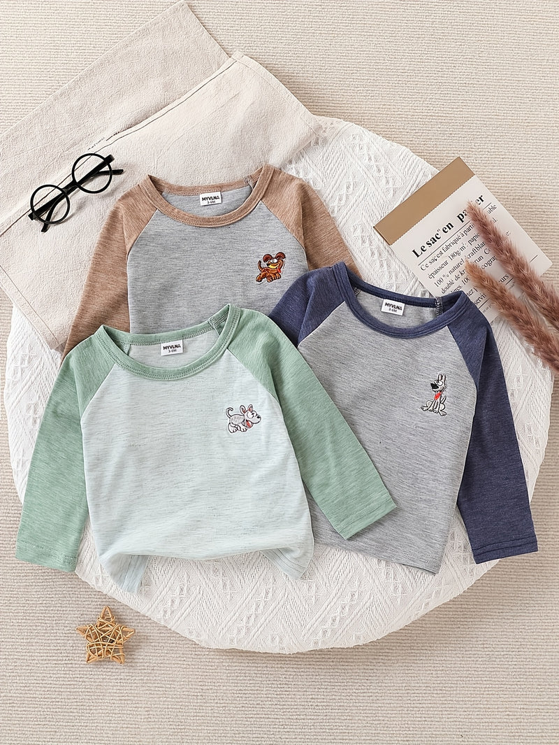 3pcs Pack Baby Animal Embroidered Long Sleeve T-Shirts.