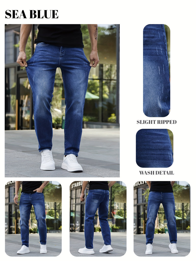 Men's Casual Washed Denim Jeans, Straight-leg pants.