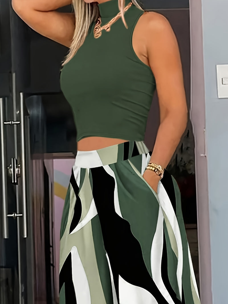 Women's Casual Vacation Style Half-High Neck Top and Wave Pattern Wide-Leg Pants.