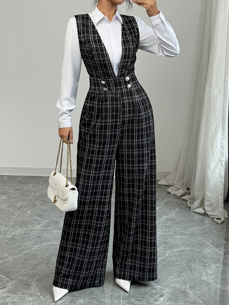 Women's Pearl Button Decorated Pocket Wide Leg Jumpsuit.