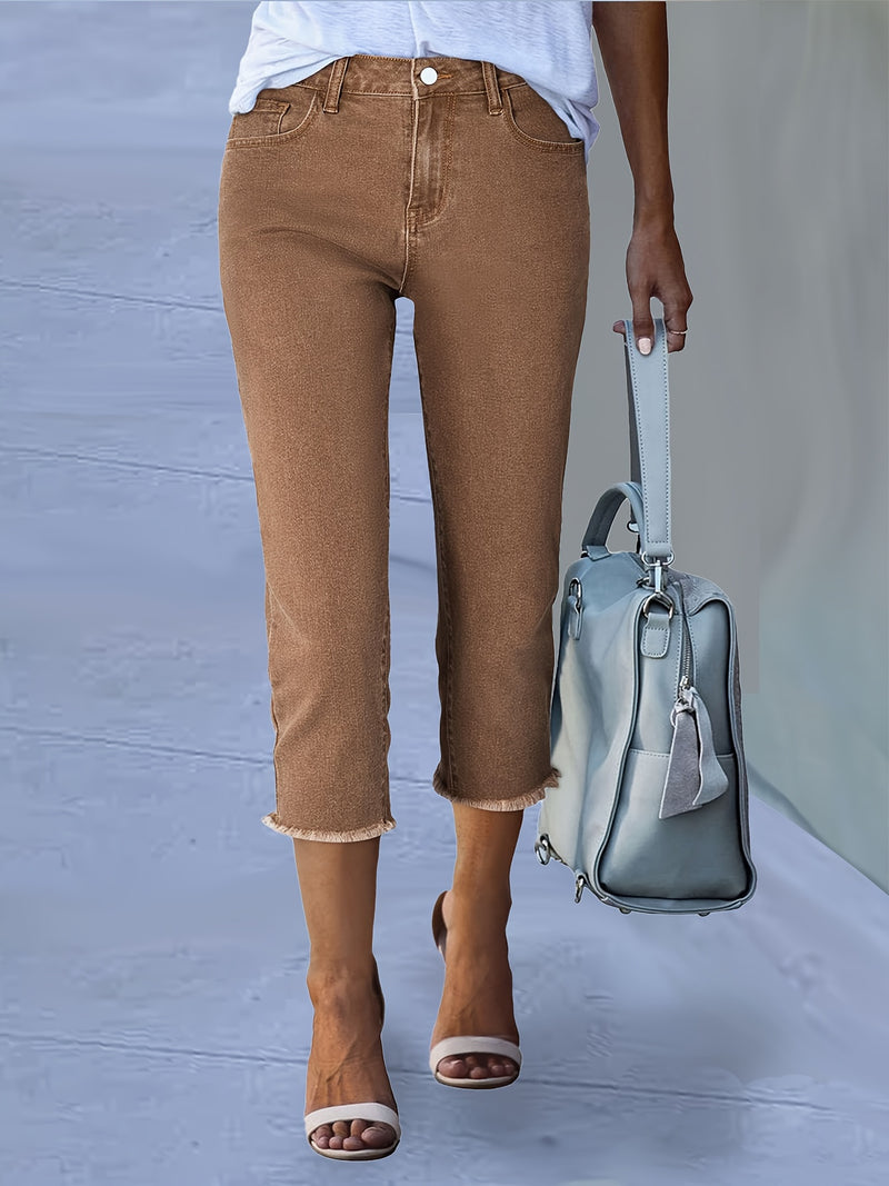 Women's Stylish Versatile Embroidered Frayed Hem Cropped Jeans.