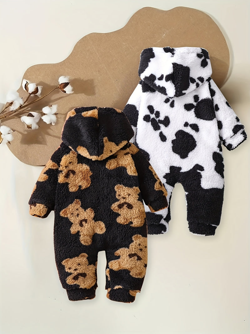 2pcs Boys Winter Warm Plush Hooded Jumpsuit & Snowsuit Set.