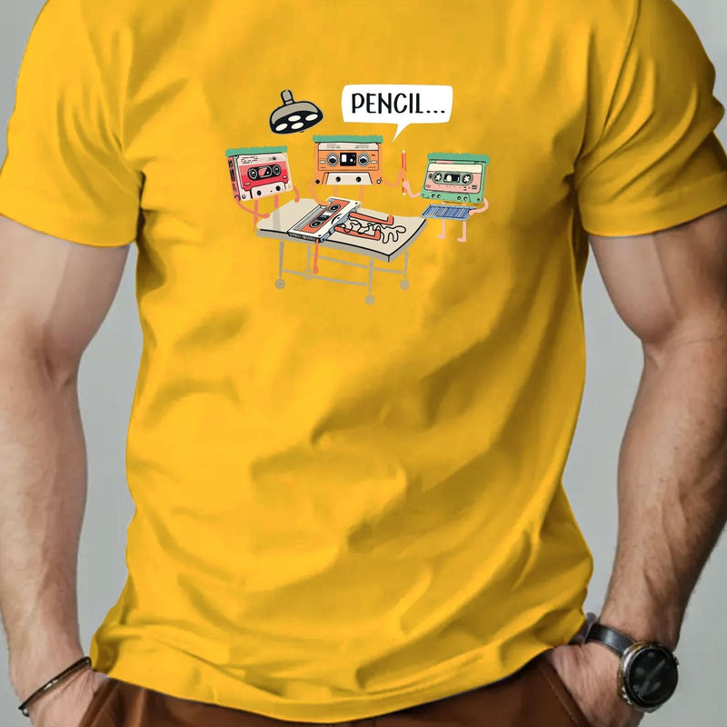 Men's Summer Casual Crew Neck Short Sleeve T-Shirt with Tape Pattern.