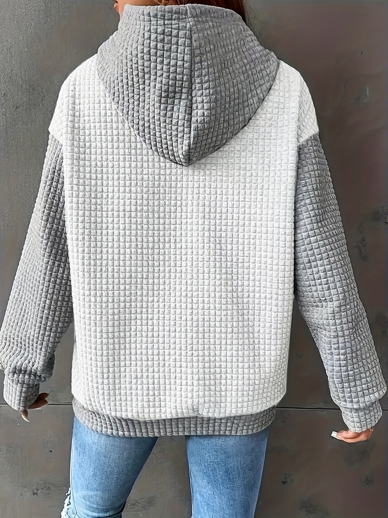 Women's Casual Oversized Hoodie with Checkered Texture & Letter Print.