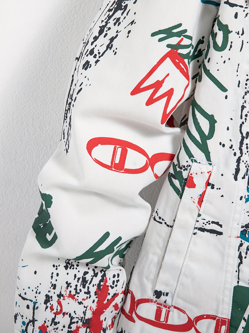 Men's Streetwear Faux Denim Jacket with Random Graffiti Print.