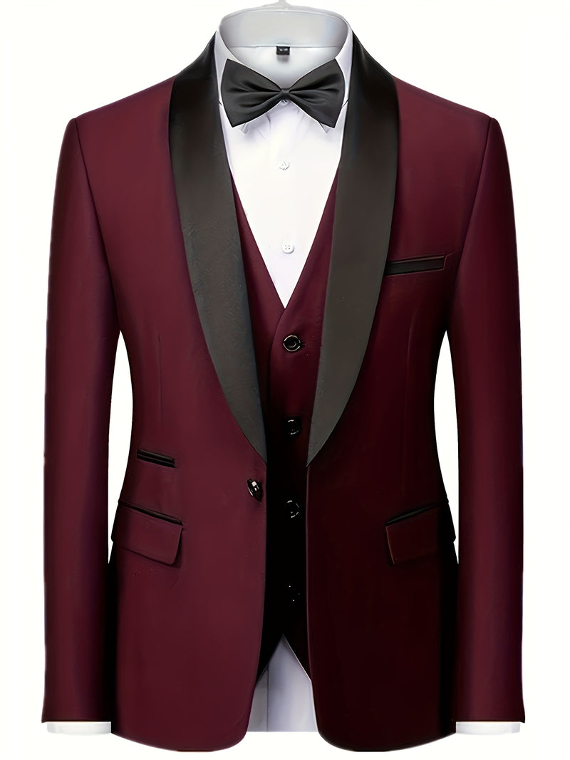 Men's 3pcs Wedding Suit Set - Slim Fit Business Suit Jacket + Single-Breasted Vest.