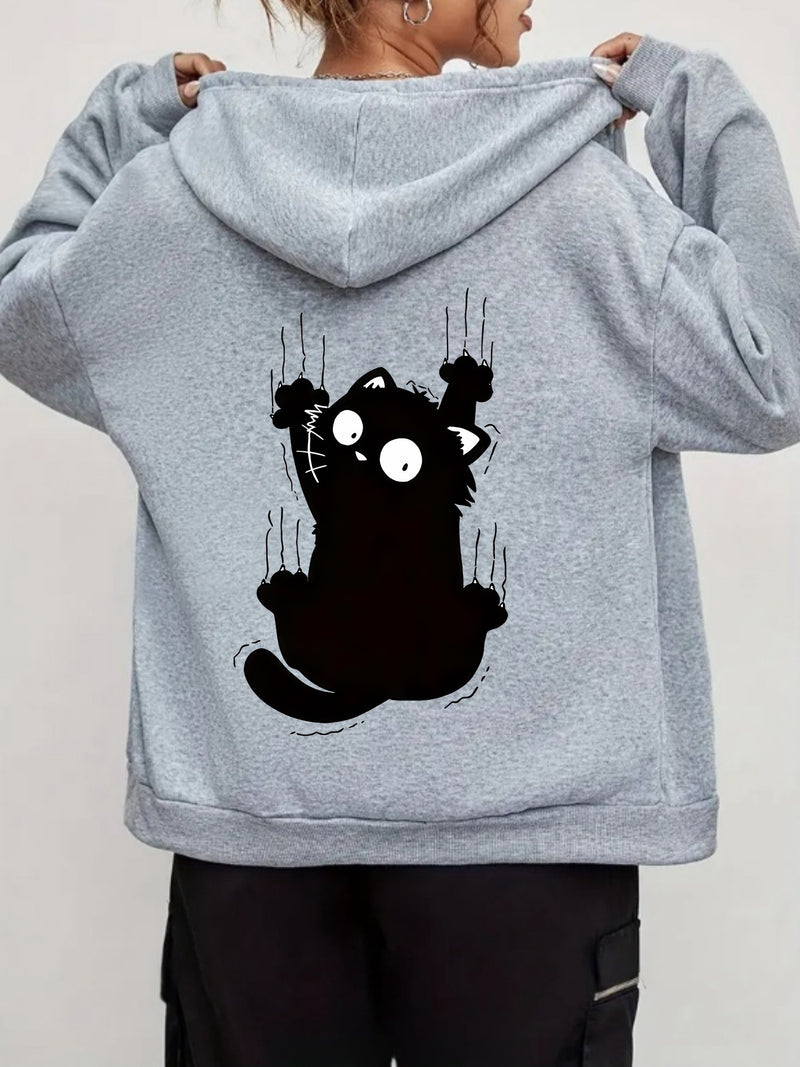1pc Women's Casual Hooded Jacket with Cartoon Kitten Print.
