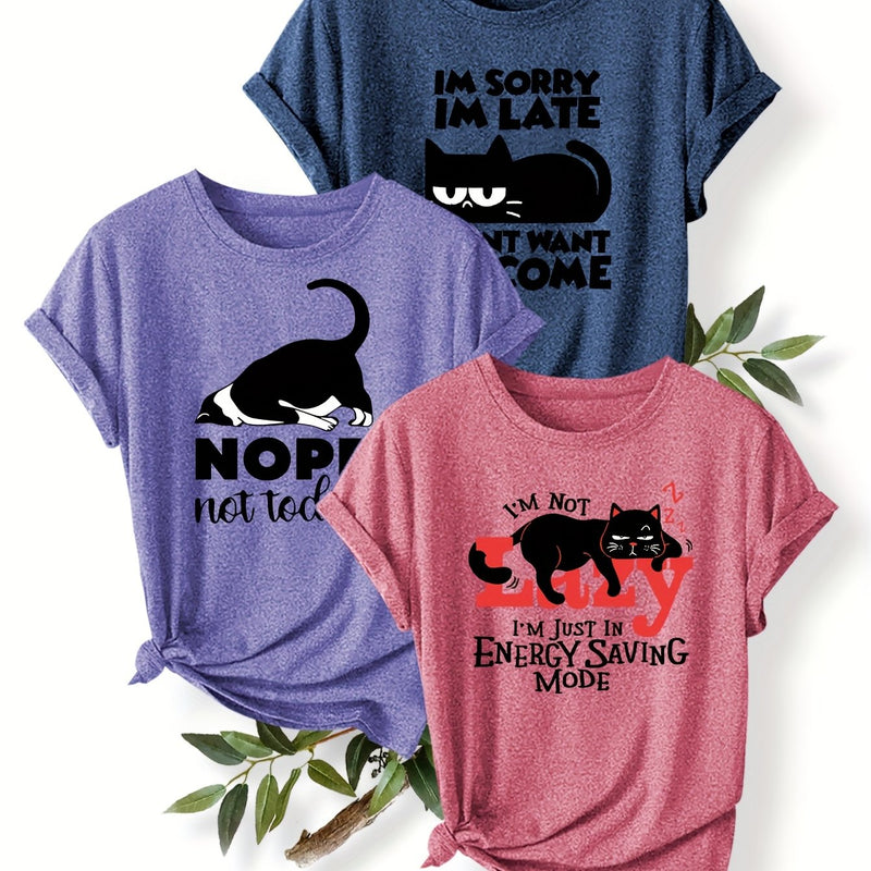 3pcs Women’s Featuring a Round-Neck Short-Sleeve T-Shirt.