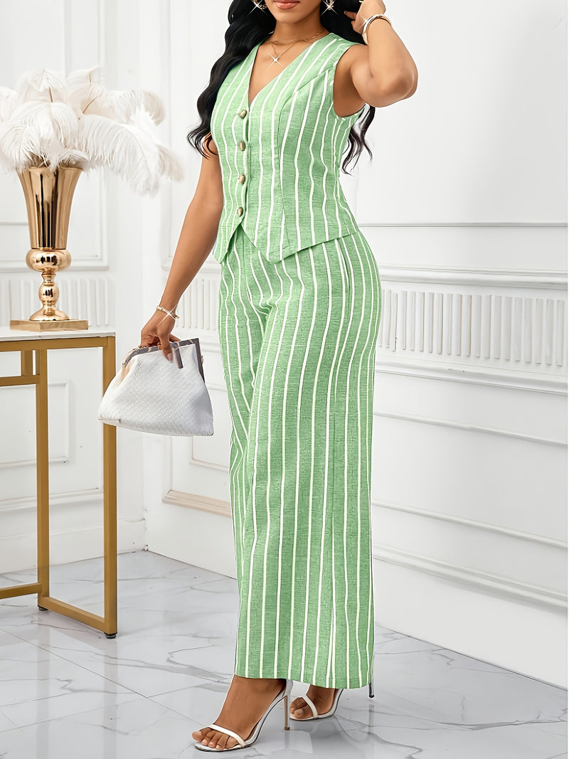 Women's Elegant Sleeveless Vest and Pants Set, Business Commuter Style.
