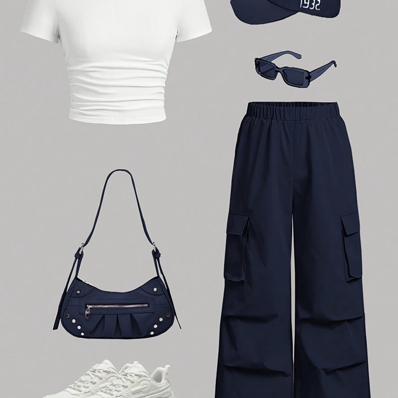 Directional Round Neck Short Sleeve T-Shirt and Work Pants Set.