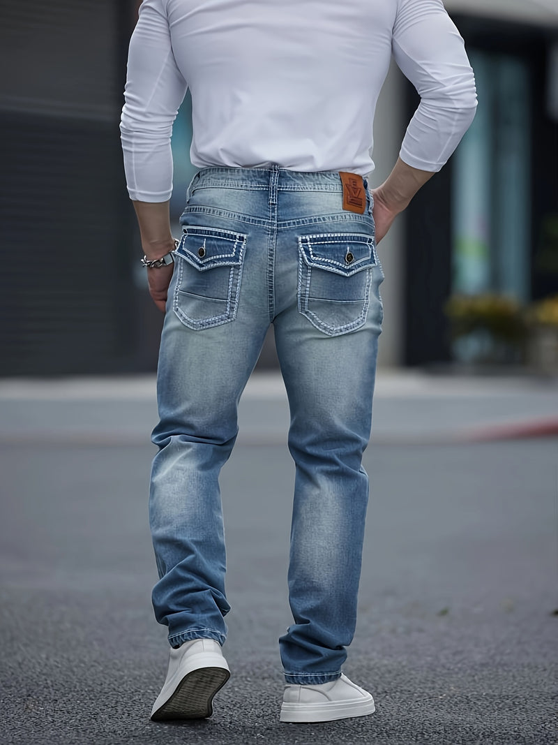 Men's Classic Embroidered Stretch Denim Jeans with Thick Lines.