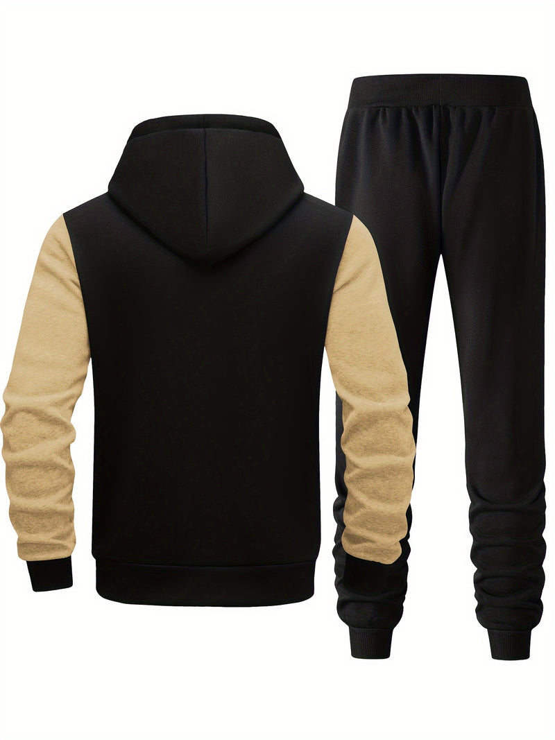 Men's Hooded Sweatshirt with Letter Print, Two-Piece Sports Running Outfit.